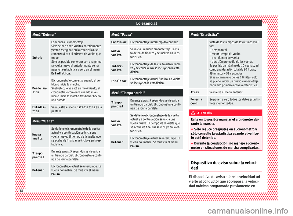 Seat Leon 5D 2016 Manual de instrucciones (in Spanish) Lo esencialMenú “Detener”
Inicio
Comienza el cronometraje.
Si ya se han dado vueltas anteriormente
y están recogidas en la estadística, se
comenzará con el número de vuelta que
toque.
Sólo e Seat Leon 5D 2016 Manual de instrucciones (in Spanish) Lo esencialMenú “Detener”
Inicio
Comienza el cronometraje.
Si ya se han dado vueltas anteriormente
y están recogidas en la estadística, se
comenzará con el número de vuelta que
toque.
Sólo e