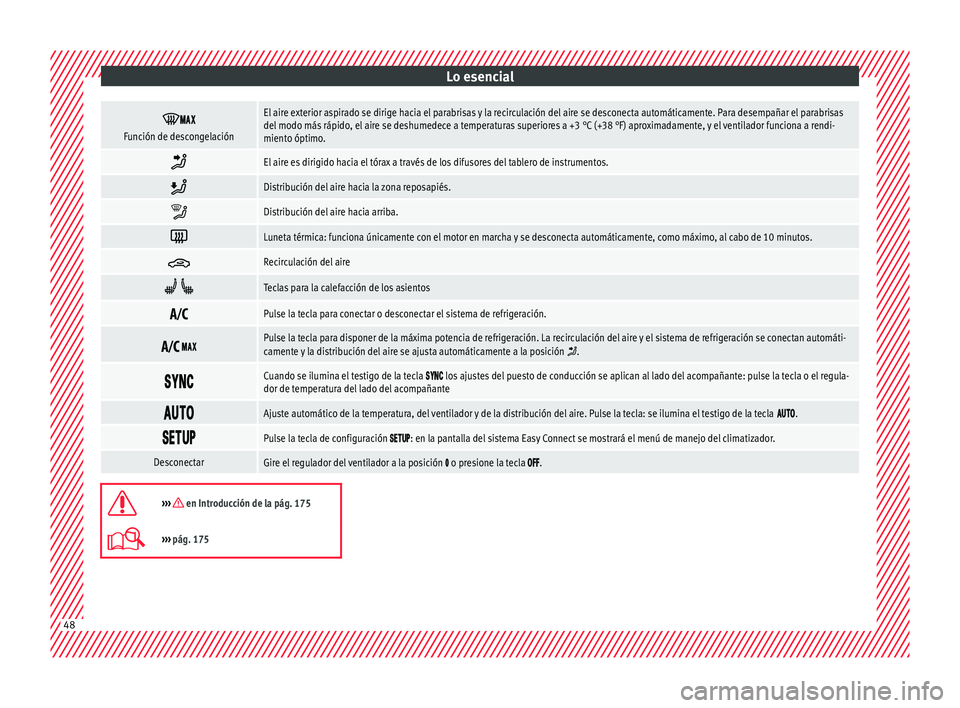 Seat Leon 5D 2016  Manual de instrucciones (in Spanish) Lo esencial


Función de descongelación
El aire exterior aspirado se dirige hacia el parabrisas y la recirculación del aire se desconecta automáticamente. Para desempañar el parabrisa