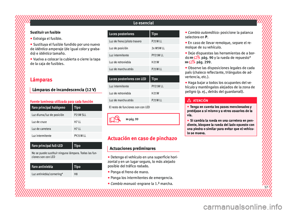 Seat Leon 5D 2016 Manual de instrucciones (in Spanish) Lo esencial
Sustituir un fusible
● Extraiga el fusible.
● Sustituya el fusible fundido por uno nuevo
de idén tic
o
amperaje (de igual color y graba-
do) e idéntico tamaño.
● Vuelva a colocar Seat Leon 5D 2016 Manual de instrucciones (in Spanish) Lo esencial
Sustituir un fusible
● Extraiga el fusible.
● Sustituya el fusible fundido por uno nuevo
de idén tic
o
amperaje (de igual color y graba-
do) e idéntico tamaño.
● Vuelva a colocar