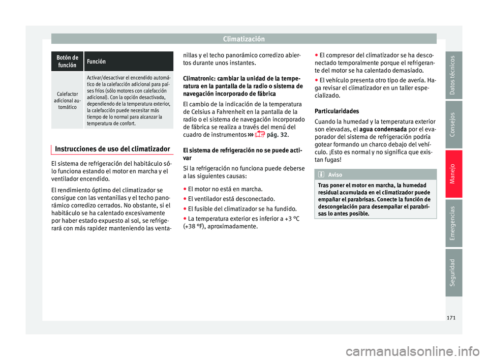 Seat Leon 5D 2015 Manual de instrucciones (in Spanish) ClimatizaciónBotón de
funciónFunción
Calefactor
adicional au- tomático
Activar/desactivar el encendido automá-
tico de la calefacción adicional para paí-
ses fríos (sólo motores con calefacc Seat Leon 5D 2015 Manual de instrucciones (in Spanish) ClimatizaciónBotón de
funciónFunción
Calefactor
adicional au- tomático
Activar/desactivar el encendido automá-
tico de la calefacción adicional para paí-
ses fríos (sólo motores con calefacc