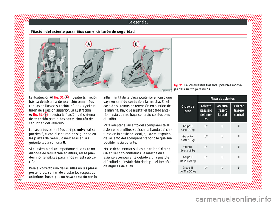 Seat Leon Sportstourer 2015 Manual de instrucciones (in Spanish) Lo esencial
Fijación del asiento para niños con el cinturón de seguridad Fig. 31
En los asientos traseros: posibles monta-
je s
del asiento para niños. La ilustración
››
›
fig. 31 A m Seat Leon Sportstourer 2015 Manual de instrucciones (in Spanish) Lo esencial
Fijación del asiento para niños con el cinturón de seguridad Fig. 31
En los asientos traseros: posibles monta-
je s
del asiento para niños. La ilustración
››
›
fig. 31 A m