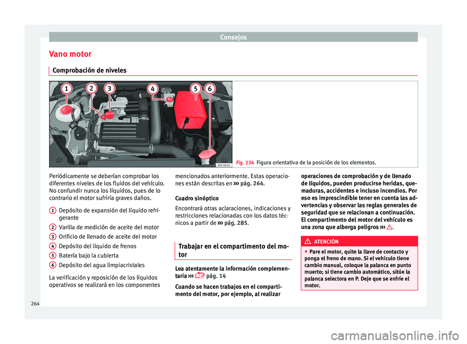 Seat Leon 5D 2015  Manual de instrucciones (in Spanish) Consejos
Vano motor C ompr
o
bación de niveles Fig. 234
Figura orientativa de la posición de los elementos. Periódicamente se deberían comprobar los
dif
er
ent

es niveles de los fluidos del vehí