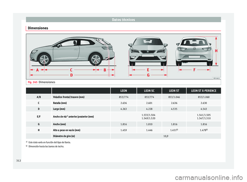 Seat Leon 5D 2015 Manual de instrucciones (in Spanish) Datos técnicos
Dimensiones Fig. 245
Dimensiones LEONLEON SCLEON STLEON ST X-PERIENCE
A/BVoladizo frontal/trasero (mm)853/774853/774853/1.046853/1.060
CBatalla (mm)2.6362.6012.6362.630
DLargo (mm)4.2 Seat Leon 5D 2015 Manual de instrucciones (in Spanish) Datos técnicos
Dimensiones Fig. 245
Dimensiones LEONLEON SCLEON STLEON ST X-PERIENCE
A/BVoladizo frontal/trasero (mm)853/774853/774853/1.046853/1.060
CBatalla (mm)2.6362.6012.6362.630
DLargo (mm)4.2