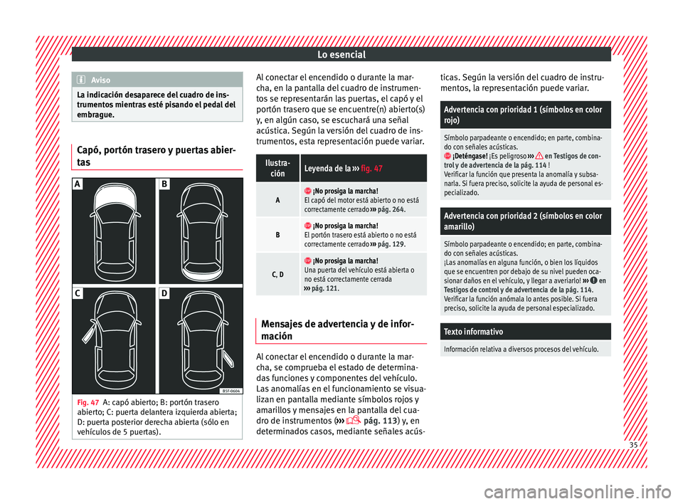 Seat Leon 5D 2015 Manual de instrucciones (in Spanish) Lo esencial
Aviso
La indicación desaparece del cuadro de ins-
trumento s
mientras esté pisando el pedal del
embrague. Capó, portón trasero y puertas abier-
ta
s Fig. 47
A: capó abierto; B: port Seat Leon 5D 2015 Manual de instrucciones (in Spanish) Lo esencial
Aviso
La indicación desaparece del cuadro de ins-
trumento s
mientras esté pisando el pedal del
embrague. Capó, portón trasero y puertas abier-
ta
s Fig. 47
A: capó abierto; B: port