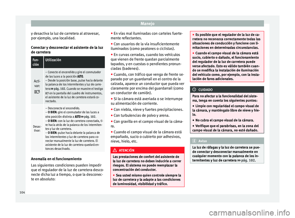 Seat Leon Sportstourer 2014 Manual de instrucciones (in Spanish) Manejo
y desactiva la luz de carretera al atravesar,
por ejemplo, una localidad.
Conectar y desconectar el asistente de la luz
de carreteraFun-
ciónUtilización
Acti- var:
– Conecte el encendid Seat Leon Sportstourer 2014 Manual de instrucciones (in Spanish) Manejo
y desactiva la luz de carretera al atravesar,
por ejemplo, una localidad.
Conectar y desconectar el asistente de la luz
de carreteraFun-
ciónUtilización
Acti- var:
– Conecte el encendid