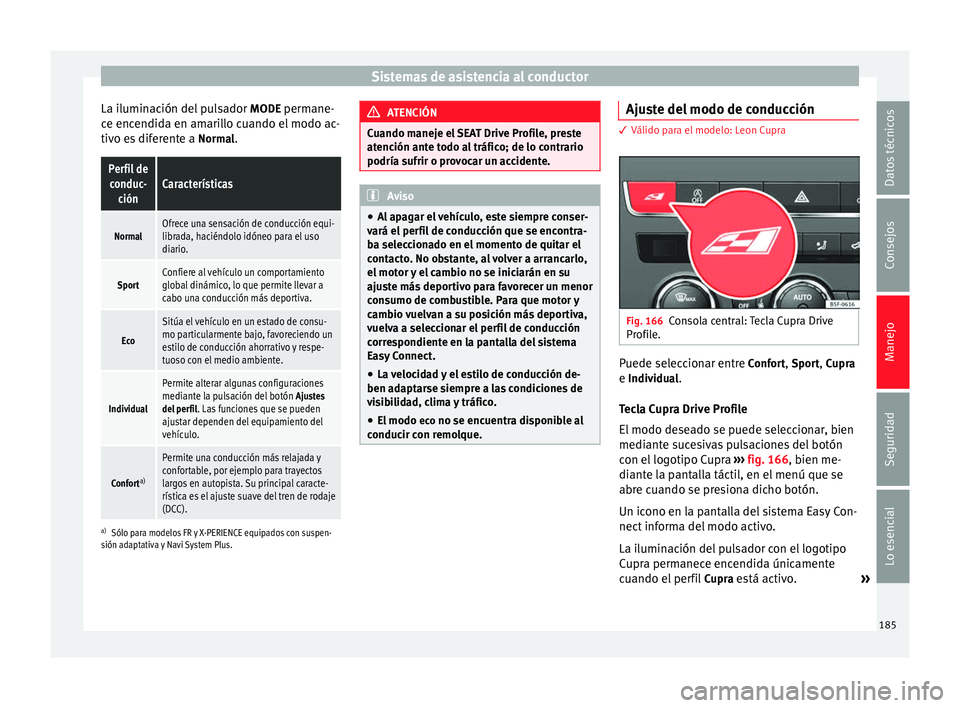 Seat Leon Sportstourer 2014 Manual de instrucciones (in Spanish) Sistemas de asistencia al conductor
La iluminación del pulsador MODE permane-
ce encendida en amarillo cuando el modo ac-
tivo es diferente a Normal.Perfil de
conduc- ciónCaracterísticas
NormalOf Seat Leon Sportstourer 2014 Manual de instrucciones (in Spanish) Sistemas de asistencia al conductor
La iluminación del pulsador MODE permane-
ce encendida en amarillo cuando el modo ac-
tivo es diferente a Normal.Perfil de
conduc- ciónCaracterísticas
NormalOf