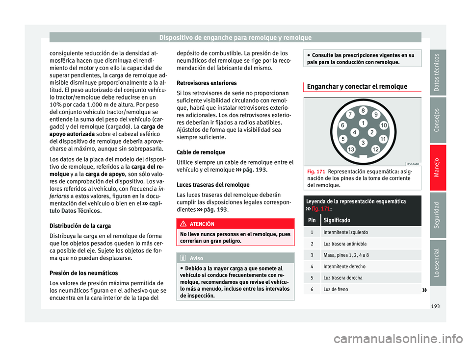 Seat Leon Sportstourer 2014 Manual de instrucciones (in Spanish) Dispositivo de enganche para remolque y remolque
consiguiente reducción de la densidad at-
mosférica hacen que disminuya el rendi-
miento del motor y con ello la capacidad de
superar pendientes, la Seat Leon Sportstourer 2014 Manual de instrucciones (in Spanish) Dispositivo de enganche para remolque y remolque
consiguiente reducción de la densidad at-
mosférica hacen que disminuya el rendi-
miento del motor y con ello la capacidad de
superar pendientes, la