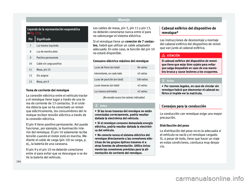 Seat Leon Sportstourer 2014 Manual de instrucciones (in Spanish) ManejoLeyenda de la representación esquemática
››› fig. 171:
PinSignificado
7Luz trasera izquierda
8Luz de marcha atrás
9Positivo permanente
10Cable sin carga positiva
11Masa, pin 10
12Sin a Seat Leon Sportstourer 2014 Manual de instrucciones (in Spanish) ManejoLeyenda de la representación esquemática
››› fig. 171:
PinSignificado
7Luz trasera izquierda
8Luz de marcha atrás
9Positivo permanente
10Cable sin carga positiva
11Masa, pin 10
12Sin a