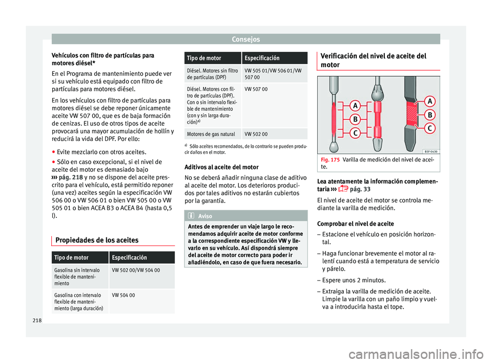 Seat Leon Sportstourer 2014 Manual de instrucciones (in Spanish) Consejos
Vehículos con filtro de partículas para
motores diésel*
En el Programa de mantenimiento puede ver
si su vehículo está equipado con filtro de
partículas para motores diésel.
En los veh Seat Leon Sportstourer 2014 Manual de instrucciones (in Spanish) Consejos
Vehículos con filtro de partículas para
motores diésel*
En el Programa de mantenimiento puede ver
si su vehículo está equipado con filtro de
partículas para motores diésel.
En los veh