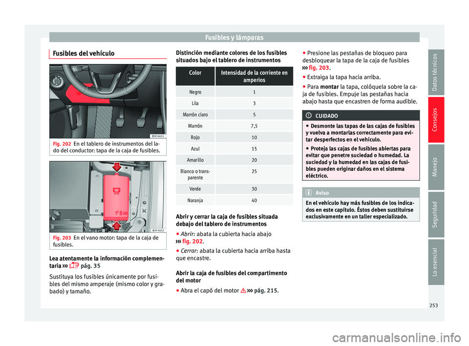 Seat Leon Sportstourer 2014 Manual de instrucciones (in Spanish) Fusibles y lámparas
Fusibles del vehículo Fig. 202
En el tablero de instrumentos del la-
do del conductor: tapa de la caja de fusibles. Fig. 203
En el vano motor: tapa de la caja de
fusibles. Lea at Seat Leon Sportstourer 2014 Manual de instrucciones (in Spanish) Fusibles y lámparas
Fusibles del vehículo Fig. 202
En el tablero de instrumentos del la-
do del conductor: tapa de la caja de fusibles. Fig. 203
En el vano motor: tapa de la caja de
fusibles. Lea at