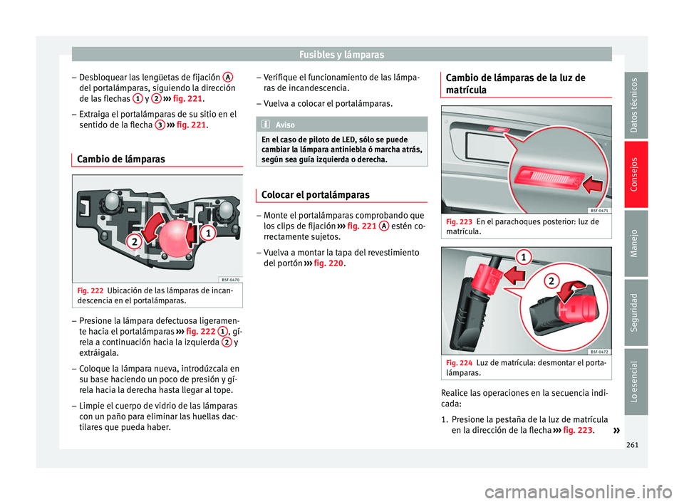 Seat Leon Sportstourer 2014 Manual de instrucciones (in Spanish) Fusibles y lámparas
– Desbloquear las lengüetas de fijación Adel portalámparas, siguiendo la dirección
de las flechas
1 y
2
››› fig. 221 .
– Extr aig
a el portalámparas de su si Seat Leon Sportstourer 2014 Manual de instrucciones (in Spanish) Fusibles y lámparas
– Desbloquear las lengüetas de fijación Adel portalámparas, siguiendo la dirección
de las flechas
1 y
2
››› fig. 221 .
– Extr aig
a el portalámparas de su si