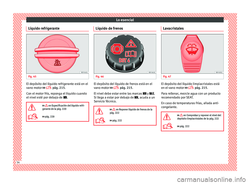 Seat Leon Sportstourer 2013  Manual de instrucciones (in Spanish) Lo esencial
Líquido refrigerante Fig. 45
  El depósito del líquido refrigerante está en el
vano motor 
››› 
 pág. 215
.
C on el
 motor frío, reponga el líquido cuando
el nivel esté po