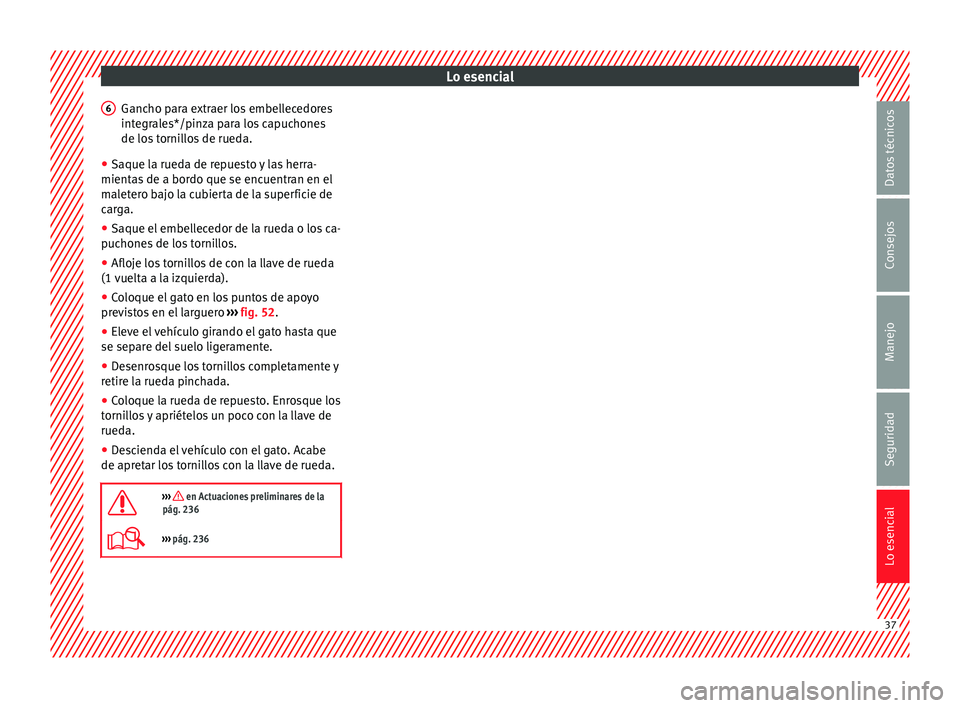 Seat Leon Sportstourer 2014 Manual de instrucciones (in Spanish) Lo esencial
Gancho para extraer los embellecedores
integrales*/pinza para los capuchones
de los tornillos de rueda.
● Saque la rueda de repuesto y las herra-
mientas de a bordo que se encuentran en Seat Leon Sportstourer 2014 Manual de instrucciones (in Spanish) Lo esencial
Gancho para extraer los embellecedores
integrales*/pinza para los capuchones
de los tornillos de rueda.
● Saque la rueda de repuesto y las herra-
mientas de a bordo que se encuentran en