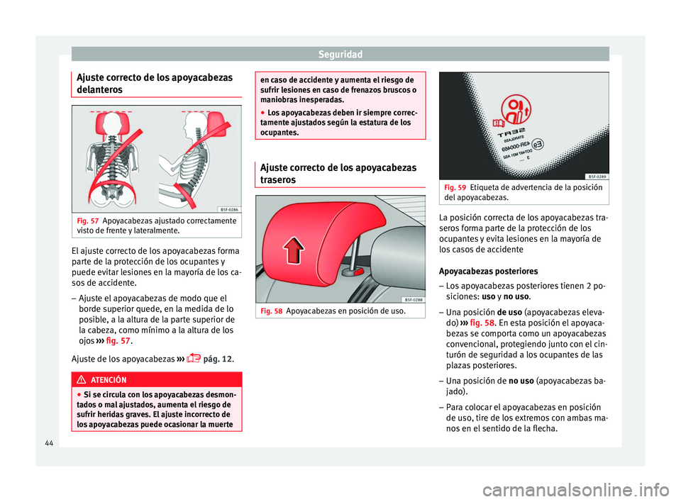 Seat Leon Sportstourer 2014 Manual de instrucciones (in Spanish) Seguridad
Ajuste correcto de los apoyacabezas
delanteros Fig. 57
Apoyacabezas ajustado correctamente
visto de frente y lateralmente. El ajuste correcto de los apoyacabezas forma
parte de la protecció Seat Leon Sportstourer 2014 Manual de instrucciones (in Spanish) Seguridad
Ajuste correcto de los apoyacabezas
delanteros Fig. 57
Apoyacabezas ajustado correctamente
visto de frente y lateralmente. El ajuste correcto de los apoyacabezas forma
parte de la protecció