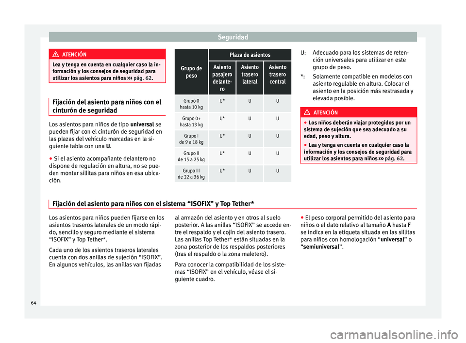 Seat Leon SC 2014  Manual de instrucciones (in Spanish) Seguridad
ATENCIÓN
Lea y tenga en cuenta en cualquier caso la in-
formación y los consejos de seguridad para
utilizar los asientos para niños  ››› pág. 62. Fijación del asiento para niños 