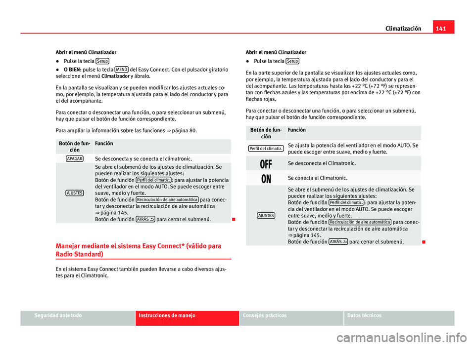 Seat Leon 5D 2012 Manual de instrucciones (in Spanish) 141
Climatización
Abrir el menú Climatizador
● Pulse la tecla Setup
●
O BIEN: pulse la tecla MENÚ del Easy Connect. Con el pulsador giratorio
seleccione el menú Climatizador y ábralo.
En Seat Leon 5D 2012 Manual de instrucciones (in Spanish) 141
Climatización
Abrir el menú Climatizador
● Pulse la tecla Setup
●
O BIEN: pulse la tecla MENÚ del Easy Connect. Con el pulsador giratorio
seleccione el menú Climatizador y ábralo.
En