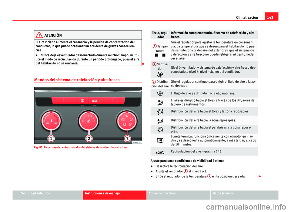 Seat Leon 5D 2012 Manual de instrucciones (in Spanish) 143
Climatización
ATENCIÓN
El aire viciado aumenta el cansancio y la pérdida de concentración del
conductor, lo que puede ocasionar un accidente de graves consecuen-
cias.
● Nunca deje el ventil Seat Leon 5D 2012 Manual de instrucciones (in Spanish) 143
Climatización
ATENCIÓN
El aire viciado aumenta el cansancio y la pérdida de concentración del
conductor, lo que puede ocasionar un accidente de graves consecuen-
cias.
● Nunca deje el ventil