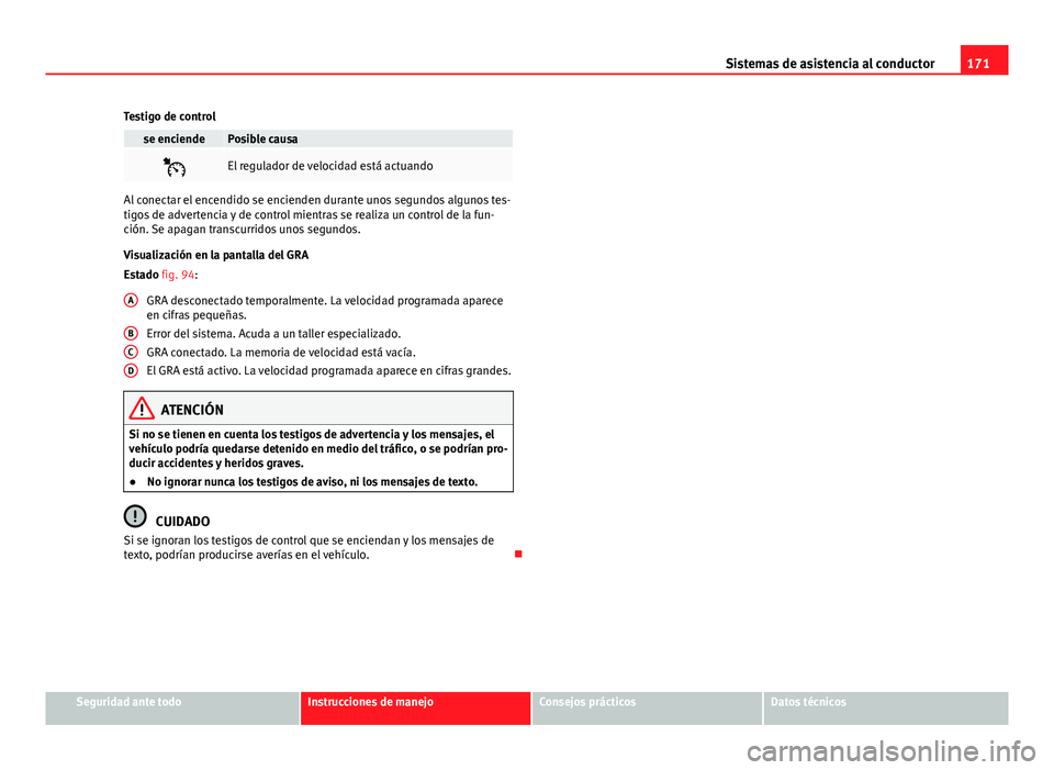 Seat Leon 5D 2012  Manual de instrucciones (in Spanish) 171
Sistemas de asistencia al conductor
Testigo de control
se enciendePosible causa
El regulador de velocidad está actuando
Al conectar el encendido se encienden durante unos segundos algunos tes-