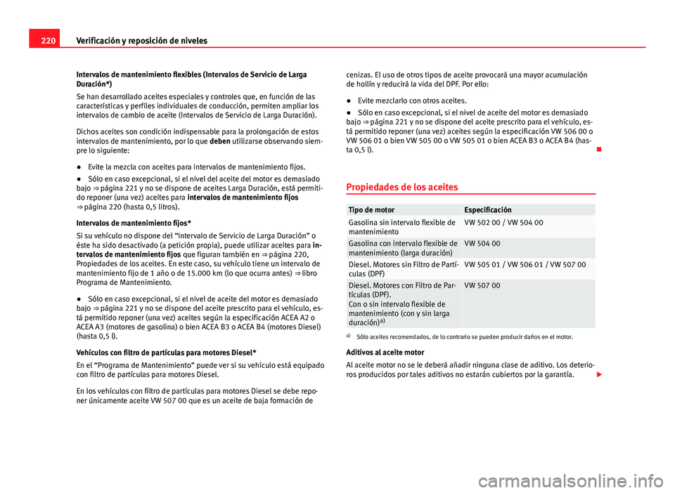 Seat Leon 5D 2012 Manual de instrucciones (in Spanish) 220Verificación y reposición de niveles
Intervalos de mantenimiento flexibles (Intervalos de Servicio de Larga
Duración*)
Se han desarrollado aceites especiales y controles que, en función de las
Seat Leon 5D 2012 Manual de instrucciones (in Spanish) 220Verificación y reposición de niveles
Intervalos de mantenimiento flexibles (Intervalos de Servicio de Larga
Duración*)
Se han desarrollado aceites especiales y controles que, en función de las