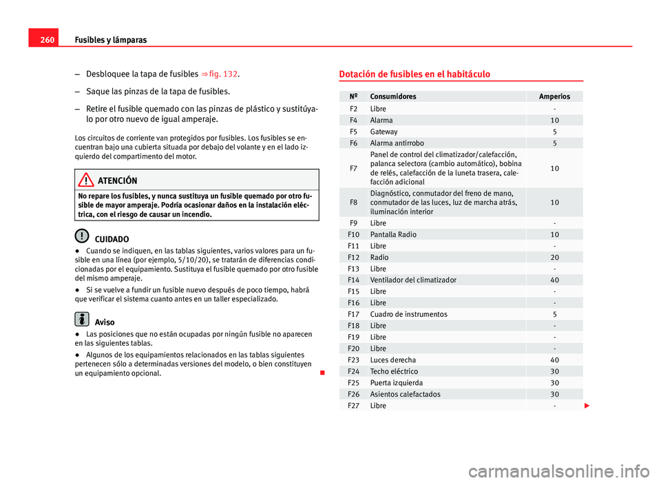 Seat Leon 5D 2012 Manual de instrucciones (in Spanish) 260Fusibles y lámparas
–Desbloquee la tapa de fusibles ⇒ fig. 132.
– Saque las pinzas de la tapa de fusibles.
– Retire el fusible quemado con las pinzas de plástico y sustitúya-
lo por o Seat Leon 5D 2012 Manual de instrucciones (in Spanish) 260Fusibles y lámparas
–Desbloquee la tapa de fusibles ⇒ fig. 132.
– Saque las pinzas de la tapa de fusibles.
– Retire el fusible quemado con las pinzas de plástico y sustitúya-
lo por o