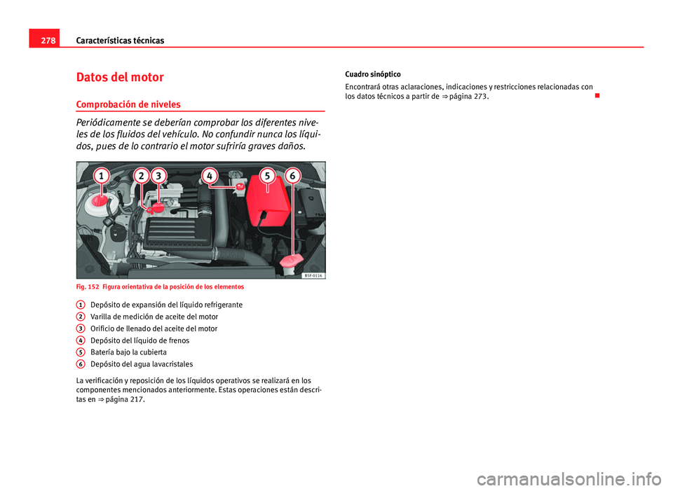 Seat Leon 5D 2012  Manual de instrucciones (in Spanish) 278Características técnicas
Datos del motor
Comprobación de niveles
Periódicamente se deberían comprobar los diferentes nive-
les de los fluidos del vehículo. No confundir nunca los líqui-
dos,