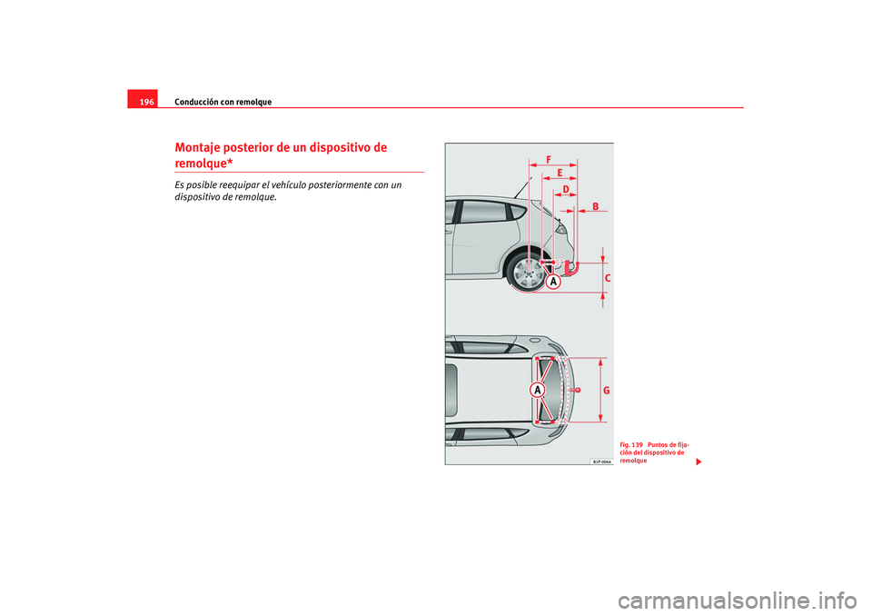 Seat Leon 5D 2007 Manual de instrucciones (in Spanish) Conducción con remolque
196Montaje posterior de un dispositivo de remolque*Es posible reequipar el vehículo posteriormente con un
dispositivo de remolque.
Fig. 139 Puntos de fija-
ción del dispos Seat Leon 5D 2007 Manual de instrucciones (in Spanish) Conducción con remolque
196Montaje posterior de un dispositivo de remolque*Es posible reequipar el vehículo posteriormente con un
dispositivo de remolque.
Fig. 139 Puntos de fija-
ción del dispos