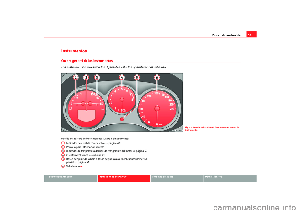Seat Leon 5D 2007 Manual de instrucciones (in Spanish) Puesto de conducción59
Seguridad ante todo
Instrucciones de Manejo
Consejos prácticos
Datos Técnicos
InstrumentosCuadro general de los instrumentos
Los instrumentos muestran los diferentes estados Seat Leon 5D 2007 Manual de instrucciones (in Spanish) Puesto de conducción59
Seguridad ante todo
Instrucciones de Manejo
Consejos prácticos
Datos Técnicos
InstrumentosCuadro general de los instrumentos
Los instrumentos muestran los diferentes estados