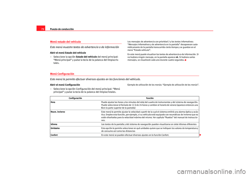 Seat Leon 5D 2007 Manual de instrucciones (in Spanish) Puesto de conducción
72Menú estado del vehículo
Este menú muestra textos de advertencia o de informaciónAbrir el menú Estado del vehículo
– Seleccione la opción Estado del vehículo del me Seat Leon 5D 2007 Manual de instrucciones (in Spanish) Puesto de conducción
72Menú estado del vehículo
Este menú muestra textos de advertencia o de informaciónAbrir el menú Estado del vehículo
– Seleccione la opción Estado del vehículo del me