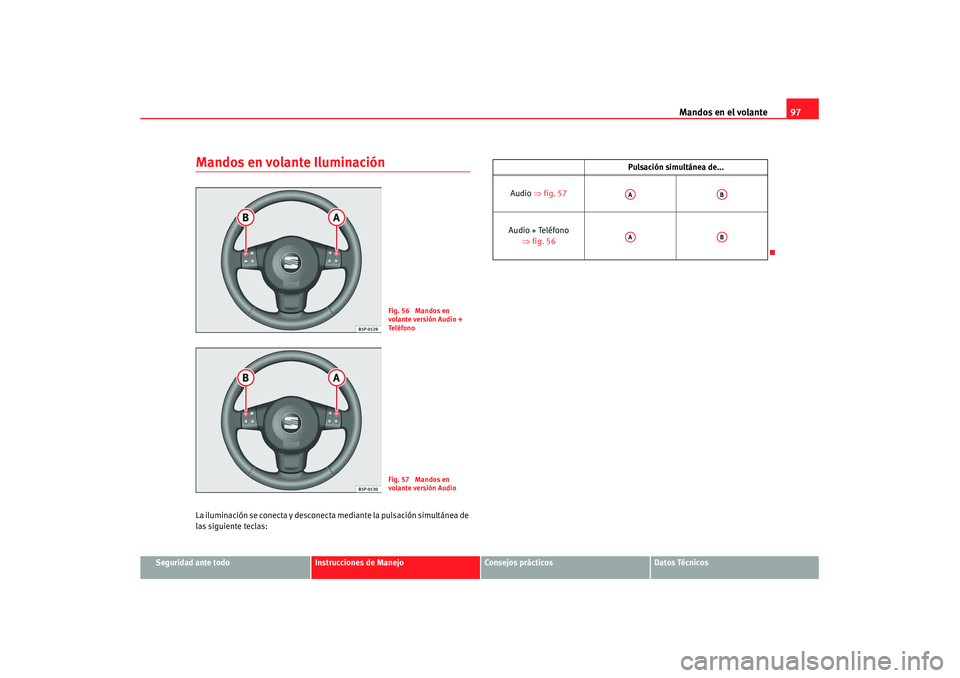 Seat Leon 5D 2007 Manual de instrucciones (in Spanish) Mandos en el volante97
Seguridad ante todo
Instrucciones de Manejo
Consejos prácticos
Datos Técnicos
Mandos en volante IluminaciónLa iluminación se conecta y desconecta mediante la pulsación sim Seat Leon 5D 2007 Manual de instrucciones (in Spanish) Mandos en el volante97
Seguridad ante todo
Instrucciones de Manejo
Consejos prácticos
Datos Técnicos
Mandos en volante IluminaciónLa iluminación se conecta y desconecta mediante la pulsación sim