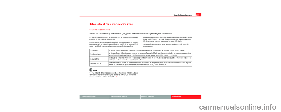 Seat Leon 5D 2006 Manual de instrucciones (in Spanish) Descripción de los datos273
Seguridad ante todoInstrucciones de ManejoConsejos prácticosDatos Técnicos
Datos sobre el consumo de combustible
Consumo de combustible
Los valores de consumo y de emisi Seat Leon 5D 2006 Manual de instrucciones (in Spanish) Descripción de los datos273
Seguridad ante todoInstrucciones de ManejoConsejos prácticosDatos Técnicos
Datos sobre el consumo de combustible
Consumo de combustible
Los valores de consumo y de emisi