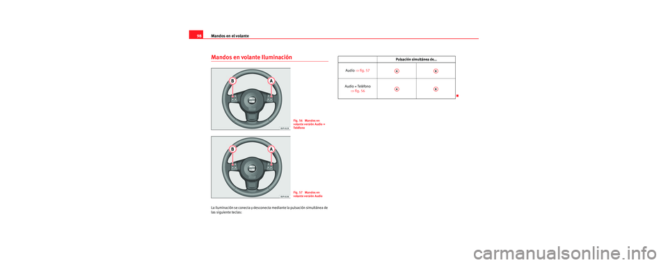 Seat Leon 5D 2006 Manual de instrucciones (in Spanish) Mandos en el volante
98
Mandos en volante Iluminación
La iluminación se conecta y desconecta mediante la pulsación simultánea de
las siguiente teclas:
Fig. 56 Mandos en
volante versión Audio + Seat Leon 5D 2006 Manual de instrucciones (in Spanish) Mandos en el volante
98
Mandos en volante Iluminación
La iluminación se conecta y desconecta mediante la pulsación simultánea de
las siguiente teclas:
Fig. 56 Mandos en
volante versión Audio +