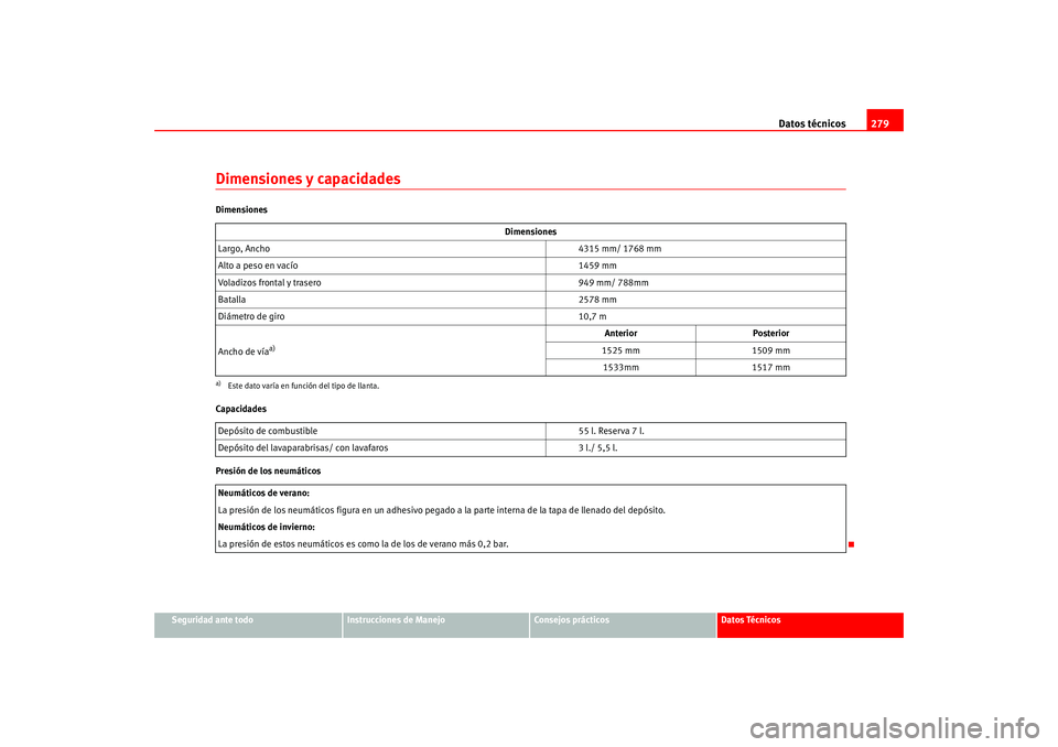 Seat Leon 5D 2005  Manual de instrucciones (in Spanish) Datos técnicos279
Seguridad ante todo
Instrucciones de Manejo
Consejos prácticos
Datos Técnicos
Dimensiones y capacidadesDimensiones
Capacidades
Presión de los neumáticos Dimensiones
Largo, Ancho