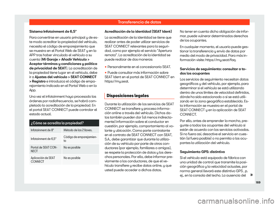 Seat Arona 2020  Manual de instrucciones (in Spanish) Transferencia de datos
Sistema Infotainment de 6,5"
P ar
a convertirse en usuario principal y de es-
te modo acreditar la propiedad del vehículo,
necesita el código de emparejamiento que
se mues