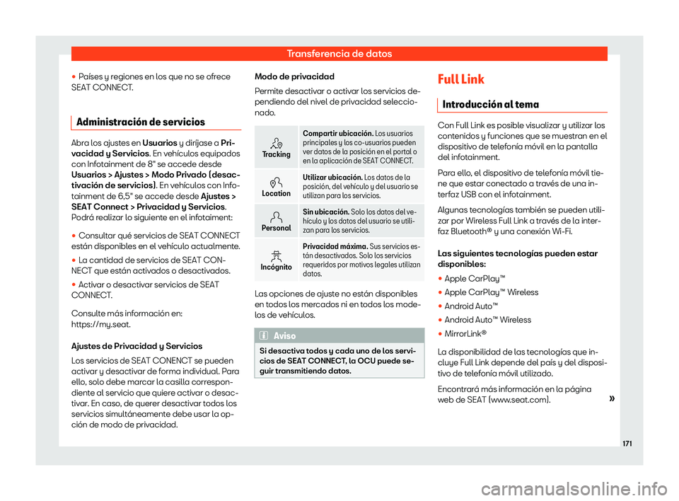 Seat Arona 2020  Manual de instrucciones (in Spanish) Transferencia de datos
