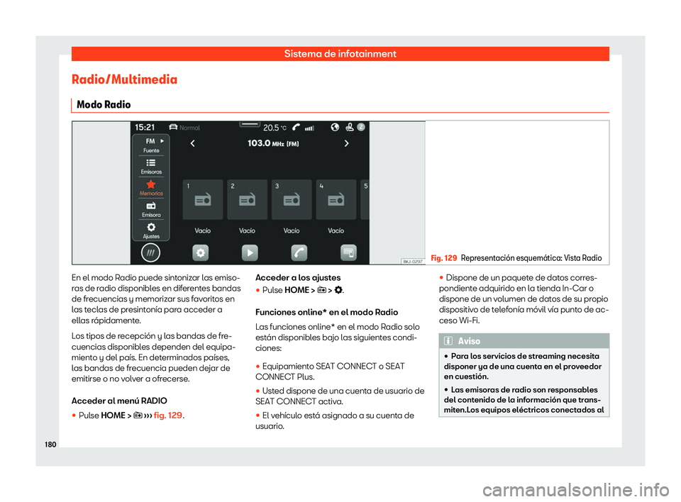 Seat Arona 2020  Manual de instrucciones (in Spanish) Sistema de infotainment
Radio/Multimedia Modo R adio Fig. 129
Representaci