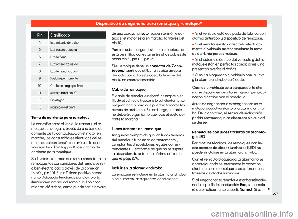 Seat Arona 2020  Manual de instrucciones (in Spanish) Dispositivo de enganche para remolque y remolque*
Pin Significado
4 Intermitente derecho5 Luz trasera derecha
6 Luz de freno 7 Luz trasera izquierda
8 Luz de marcha atr