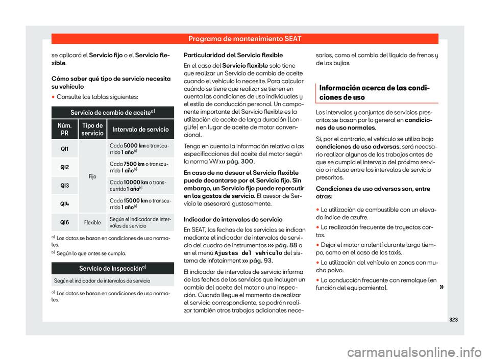 Seat Arona 2020  Manual de instrucciones (in Spanish) Programa de mantenimiento SEAT
se aplicará el Servicio fijo o el Servicio fl e-
xibl e.
Cómo saber qué tipo de servicio necesita
su vehículo
