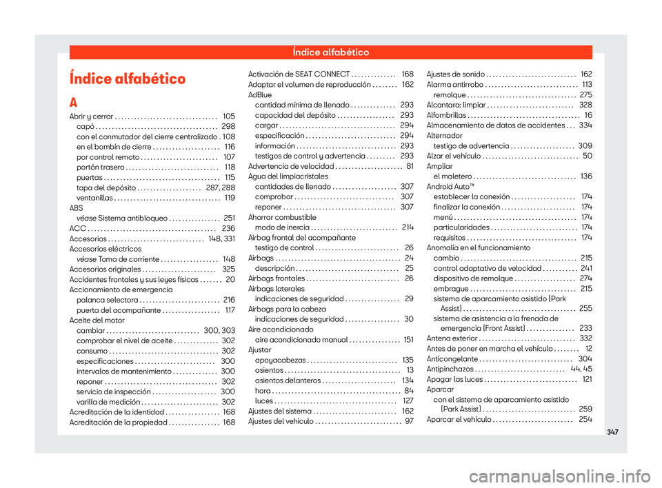 Seat Arona 2020  Manual de instrucciones (in Spanish) Índice alfabético

