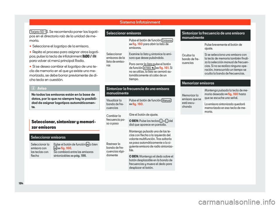 Seat Arona 2019  Manual de instrucciones (in Spanish) Sistema Infotainment
Tarjeta SD 1 ). Se recomienda poner los logoti-
pos en el dir ect
orio r a