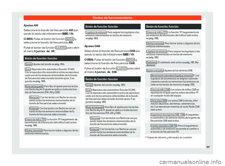 Seat Arona 2019  Manual de instrucciones (in Spanish) Modos de funcionamiento
Ajustes AM
Sel eccione l
a banda de fr ecuencias 
AM
 pul-
sando la tecla del infotainment ����� � �.
O BIEN: Pulse el bot