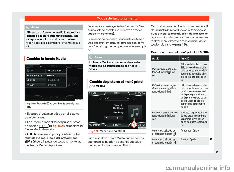 Seat Arona 2019  Manual de instrucciones (in Spanish) Modos de funcionamiento
Aviso
Al insertar la fuente de media la reproduc-
ci