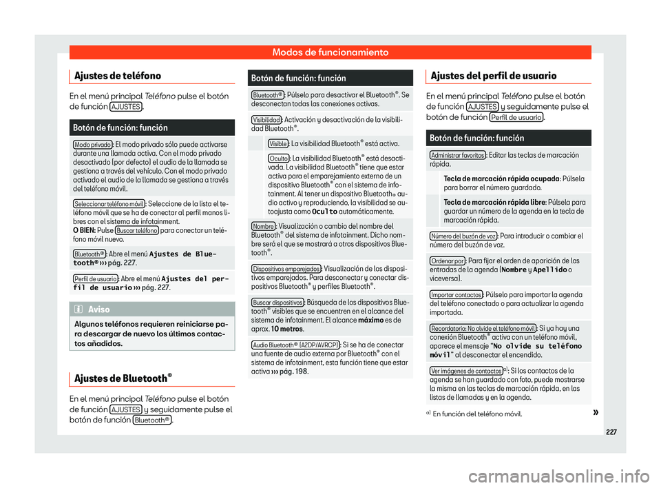 Seat Arona 2019  Manual de instrucciones (in Spanish) Modos de funcionamiento
Ajustes de tel