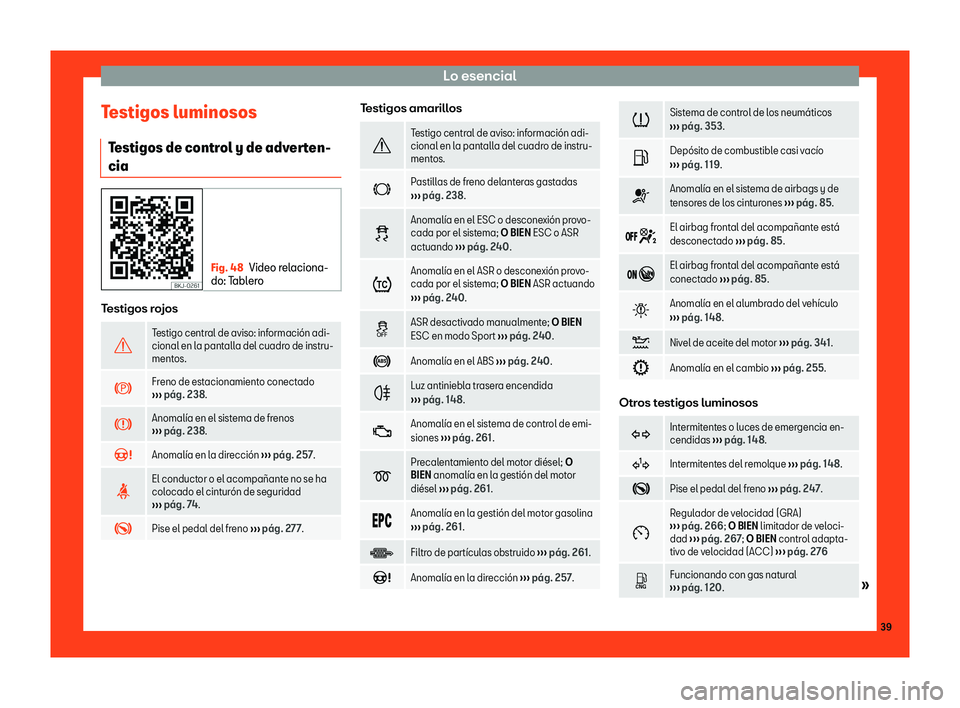 Seat Arona 2018  Manual de instrucciones (in Spanish) Lo esencial
Testigos luminosos Testigos de contr
ol y de adver
t
en-
cia Fig. 48
Video relaciona-
do: T abl
ero Testigos rojos
�