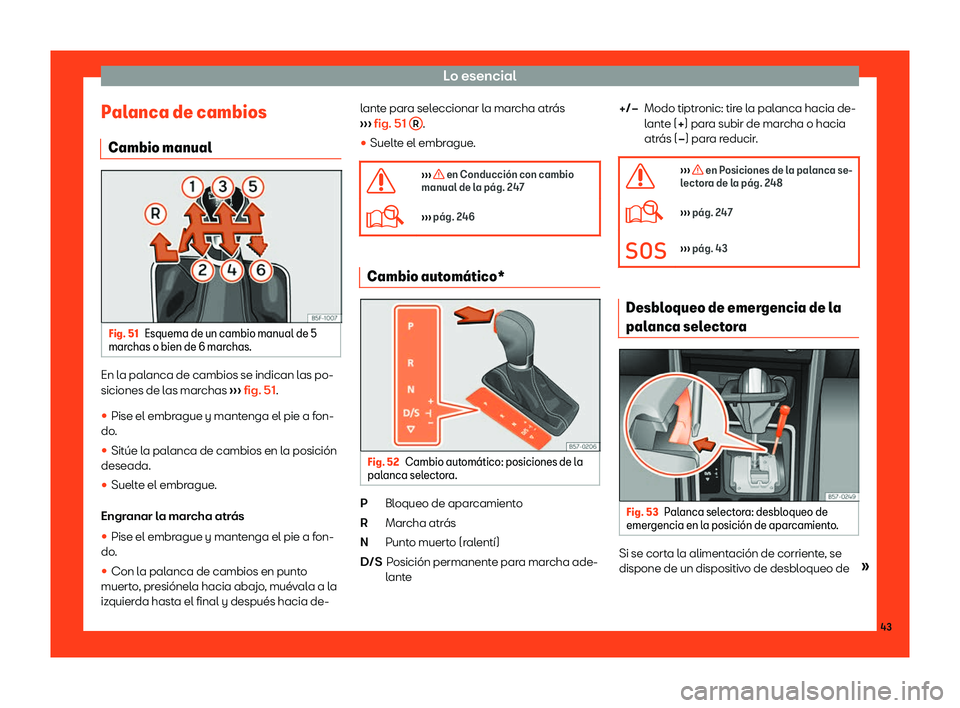 Seat Arona 2018  Manual de instrucciones (in Spanish) Lo esencial
Palanca de cambios Cambio manual Fig. 51
Esquema de un cambio manual de 5
mar chas o bien de 6 mar chas.En la palanca de cambios se indican las po-
siciones de l
as mar
chas 
