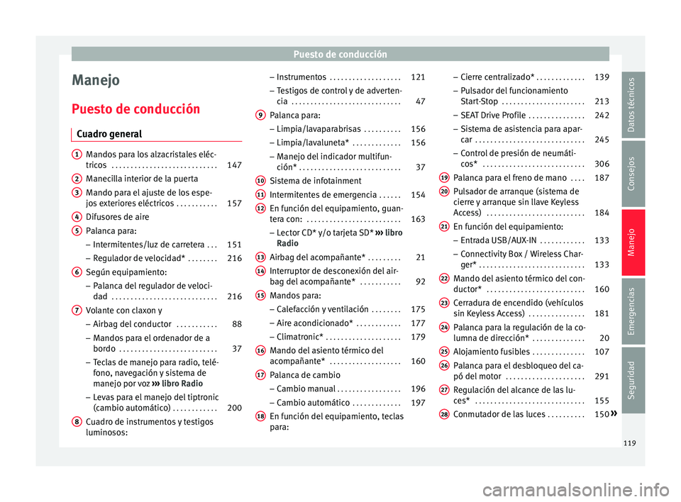 Seat Arona 2017  Manual de instrucciones (in Spanish) Puesto de conducción
Manejo
P ue
s
to de conducción
Cuadro general Mandos para los alzacristales eléc-
trico
s . . . . . . . . . . . . . . . . . . . . . . . . . . . . 147
M

anecilla interior de la