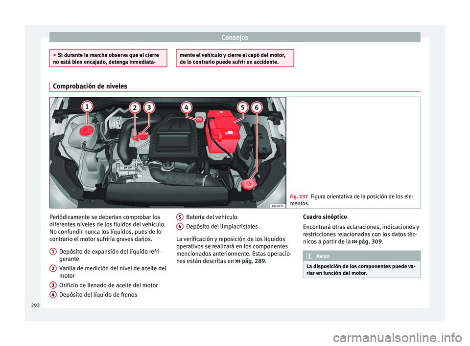 Seat Arona 2017 Manual de instrucciones (in Spanish) Consejos
●
Si durant e l
a marcha observa que el cierre
no está bien encajado, detenga inmediata- mente el vehículo y cierre el capó del motor,
de lo contr
ario p
uede sufrir un accidente.Comprob Seat Arona 2017 Manual de instrucciones (in Spanish) Consejos
●
Si durant e l
a marcha observa que el cierre
no está bien encajado, detenga inmediata- mente el vehículo y cierre el capó del motor,
de lo contr
ario p
uede sufrir un accidente.Comprob
