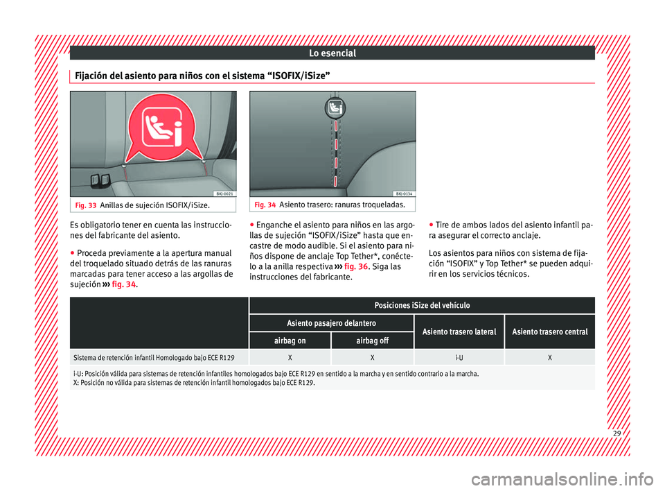 Seat Arona 2017 Manual de instrucciones (in Spanish) Lo esencial
Fijación del asiento para niños con el sistema “ISOFIX/iSize” Fig. 33
Anillas de sujeción ISOFIX/iSize. Fig. 34
Asiento trasero: ranuras troqueladas. Es obligatorio tener en cuenta Seat Arona 2017 Manual de instrucciones (in Spanish) Lo esencial
Fijación del asiento para niños con el sistema “ISOFIX/iSize” Fig. 33
Anillas de sujeción ISOFIX/iSize. Fig. 34
Asiento trasero: ranuras troqueladas. Es obligatorio tener en cuenta