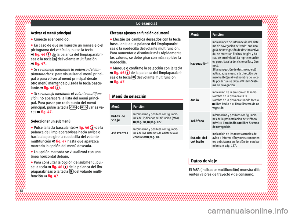 Seat Arona 2017 Manual de instrucciones (in Spanish) Lo esencial
Activar el menú principal
● Conecte el encendido.
● En caso de que se muestre un mensaje o el
pict ogr
am
a del vehículo, pulse la tecla
››› fig. 46 1 de la palanca del limp Seat Arona 2017 Manual de instrucciones (in Spanish) Lo esencial
Activar el menú principal
● Conecte el encendido.
● En caso de que se muestre un mensaje o el
pict ogr
am
a del vehículo, pulse la tecla
››› fig. 46 1 de la palanca del limp