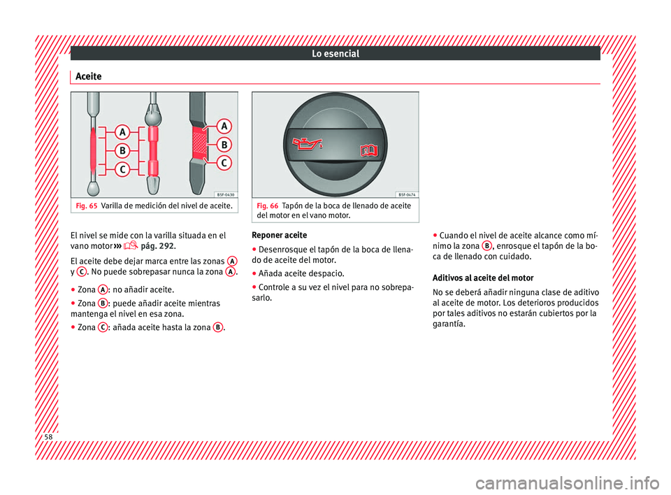 Seat Arona 2017 Manual de instrucciones (in Spanish) Lo esencial
Aceite Fig. 65
Varilla de medición del nivel de aceite. Fig. 66
Tapón de la boca de llenado de aceite
del mot or en el
vano motor. El nivel se mide con la varilla situada en el
v
ano mo Seat Arona 2017 Manual de instrucciones (in Spanish) Lo esencial
Aceite Fig. 65
Varilla de medición del nivel de aceite. Fig. 66
Tapón de la boca de llenado de aceite
del mot or en el
vano motor. El nivel se mide con la varilla situada en el
v
ano mo