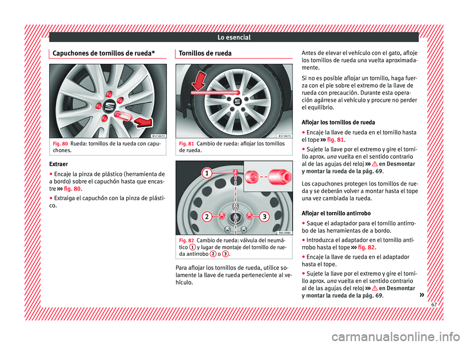 Seat Arona 2017 Manual de instrucciones (in Spanish) Lo esencial
Capuchones de tornillos de rueda* Fig. 80
Rueda: tornillos de la rueda con capu-
c hone
s. Extraer
● Encaje la pinza de plástico (herramienta de
a bor do) so
br
e el capuchón hasta que Seat Arona 2017 Manual de instrucciones (in Spanish) Lo esencial
Capuchones de tornillos de rueda* Fig. 80
Rueda: tornillos de la rueda con capu-
c hone
s. Extraer
● Encaje la pinza de plástico (herramienta de
a bor do) so
br
e el capuchón hasta que